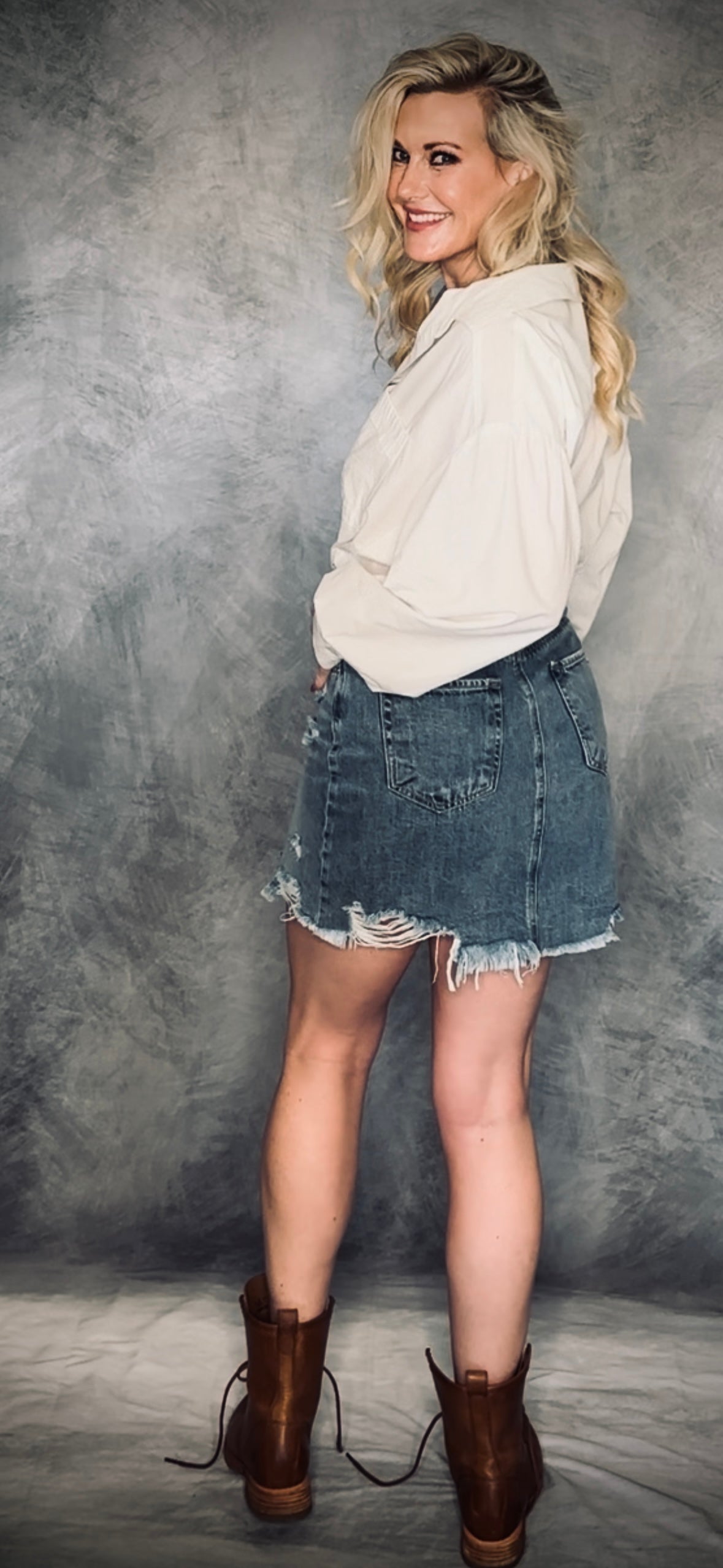 Distressed Denim Midi-Skirt